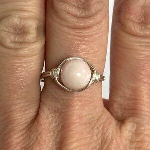 Sterling Silver Wire Wrapped 8MM Pink Rose Quartz Bead Ring Size 6.75